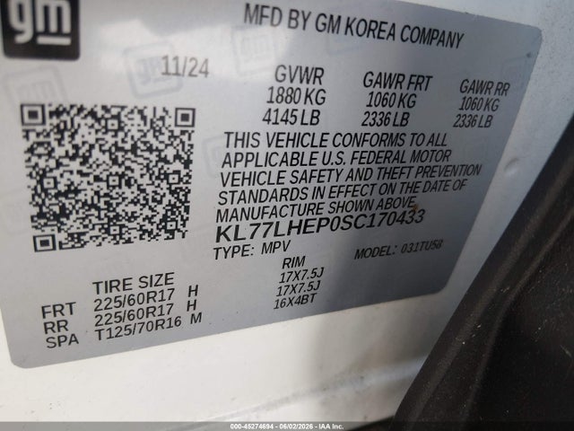 Aukcja sprzedaży 2025 Chevrolet Trax Fwd Lt, vin: KL77LHEP0SC170433, numer aukcji: 45274694