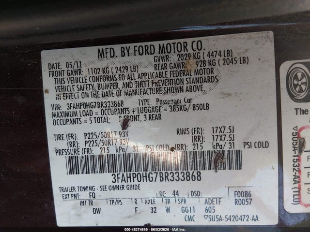 Aukcja sprzedaży 2011 Ford Fusion Se, vin: 3FAHP0HG7BR333868, numer aukcji: 45274699