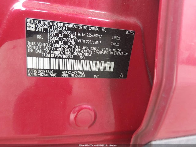 Продажа на аукционе авто 2015 Toyota Rav4 Xle, vin: 2T3WFREV9FW160013, номер лота: 45274704