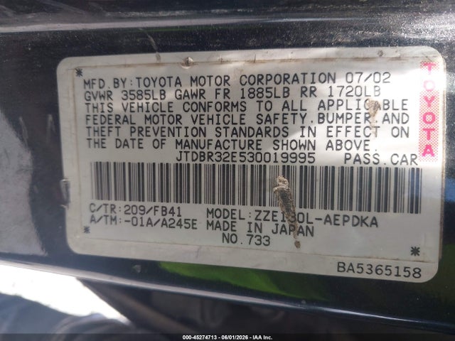 Продажа на аукционе авто 2003 Toyota Corolla Ce, vin: JTDBR32E530019995, номер лота: 45274713