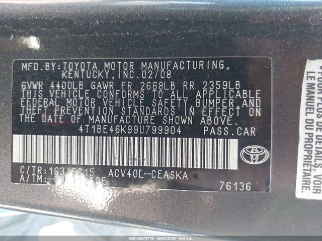 Aukcja sprzedaży 2009 Toyota Camry Se, vin: 4T1BE46K99U799904, numer aukcji: 45274719
