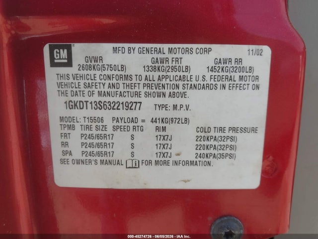 45274726 :رقم المزاد ، 1GKDT13S632219277 vin ، 2003 Gmc Envoy Slt مزاد بيع