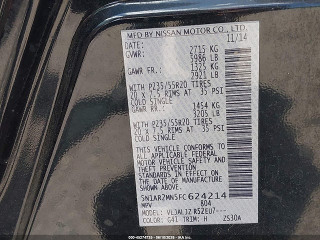 Продажа на аукционе авто 2015 Nissan Pathfinder Platinum, vin: 5N1AR2MN5FC624214, номер лота: 45274725