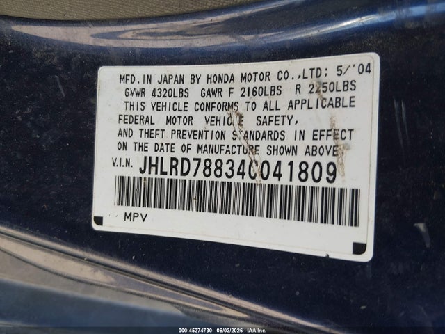 45274730 :رقم المزاد ، JHLRD78834C041809 vin ، 2004 Honda Cr-v Ex مزاد بيع