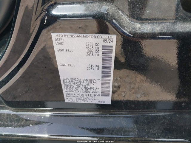 Продажа на аукционе авто 2025 Nissan Altima Sv Fwd, vin: 1N4BL4DV7SN316309, номер лота: 45274731