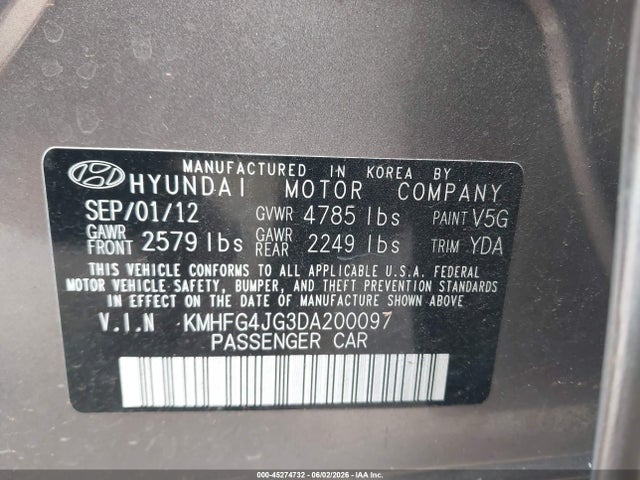 Продажа на аукционе авто 2013 Hyundai Azera, vin: KMHFG4JG3DA200097, номер лота: 45274732