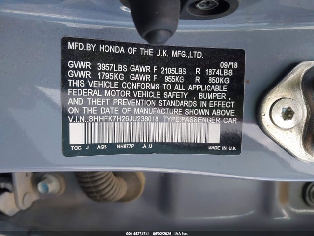 SHHFK7H26JU238018 Honda Civic Lx