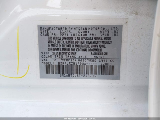 Aukcja sprzedaży 2026 Nissan Sentra Sr, vin: 3N1AB9DV5TY213631, numer aukcji: 45274750