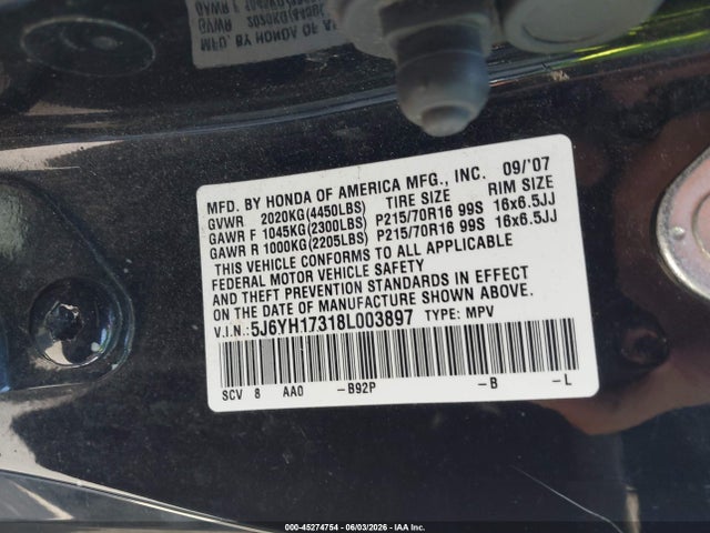 45274754 :رقم المزاد ، 5J6YH17318L003897 vin ، 2008 Honda Element Lx مزاد بيع