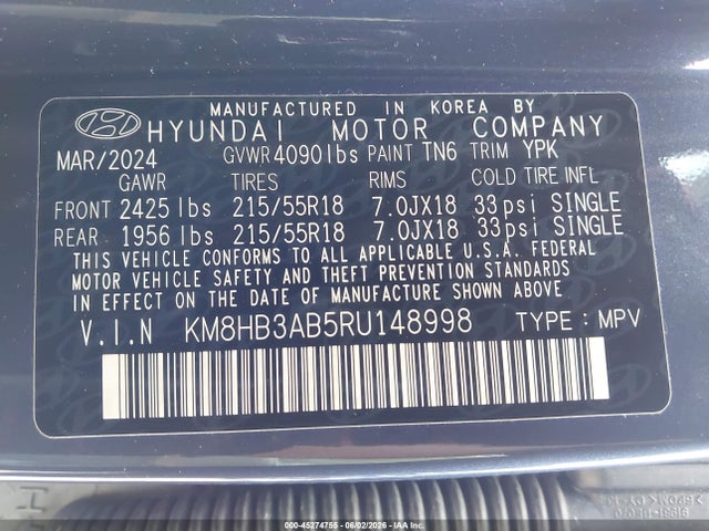 Продажа на аукционе авто 2024 Hyundai Kona Sel, vin: KM8HB3AB5RU148998, номер лота: 45274755