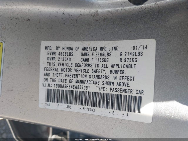 45274761 :رقم المزاد ، 19UUA8F54EA007391 vin ، 2014 Acura Tl 3.5 مزاد بيع