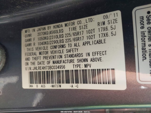 Aukcja sprzedaży 2011 Honda Cr-v Ex-l, vin: JHLRE4H73BC034956, numer aukcji: 45274764