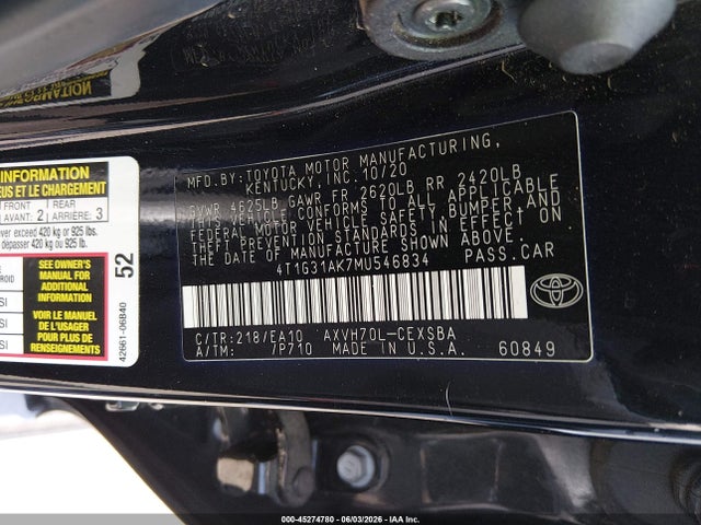 4T1G31AK7MU546834 Toyota Camry Se Hybrid