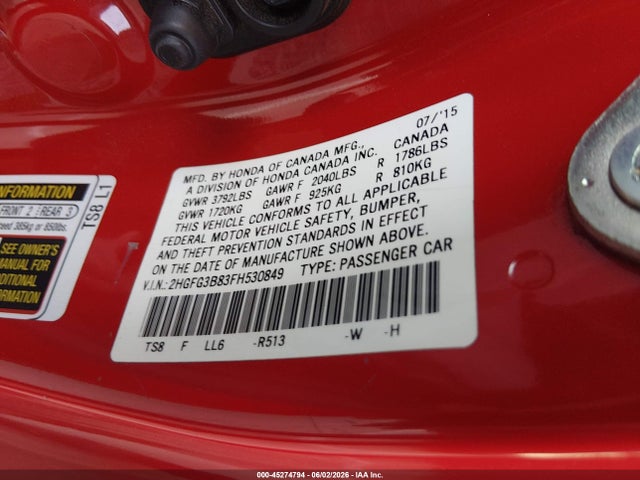 Продажа на аукционе авто 2015 Honda Civic Ex, vin: 2HGFG3B83FH530849, номер лота: 45274794