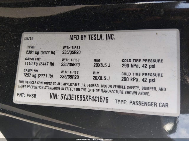 Aukcja sprzedaży 2019 Tesla Model 3 Long Range/performance, vin: 5YJ3E1EB5KF441576, numer aukcji: 45274802