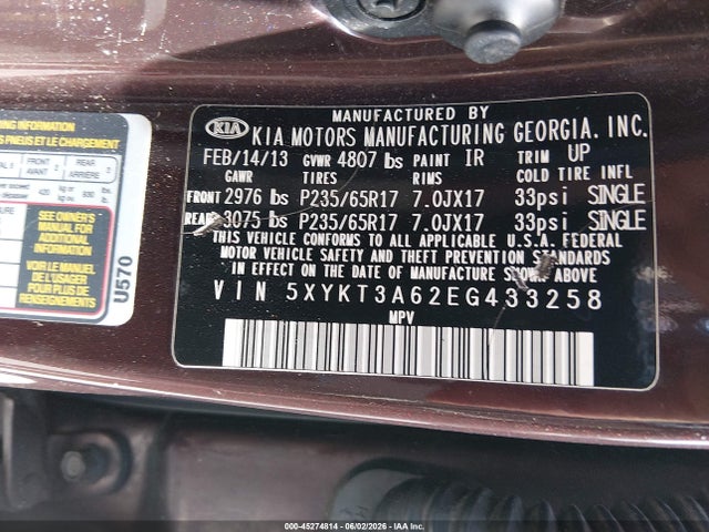 45274814 :رقم المزاد ، 5XYKT3A62EG433258 vin ، 2014 Kia Sorento Lx مزاد بيع
