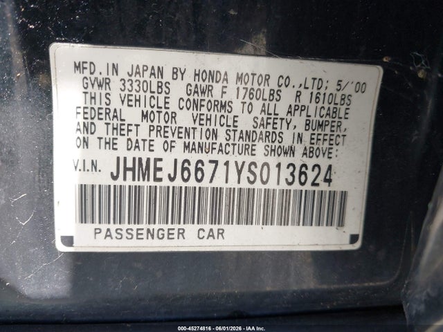 Продажа на аукционе авто 2000 Honda Civic Lx, vin: JHMEJ6671YS013624, номер лота: 45274816