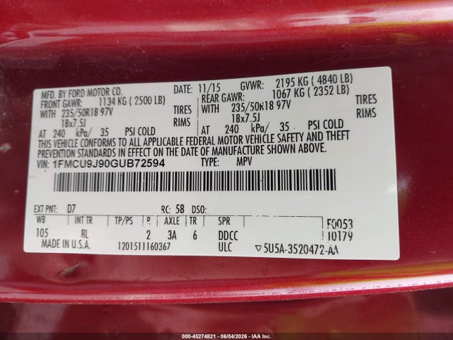 1FMCU9J90GUB72594 Ford Escape Titanium