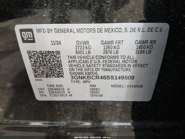 45274825 :رقم المزاد ، 3GNKBCR46SS149509 vin ، 2025 Chevrolet Blazer Fwd 2lt مزاد بيع