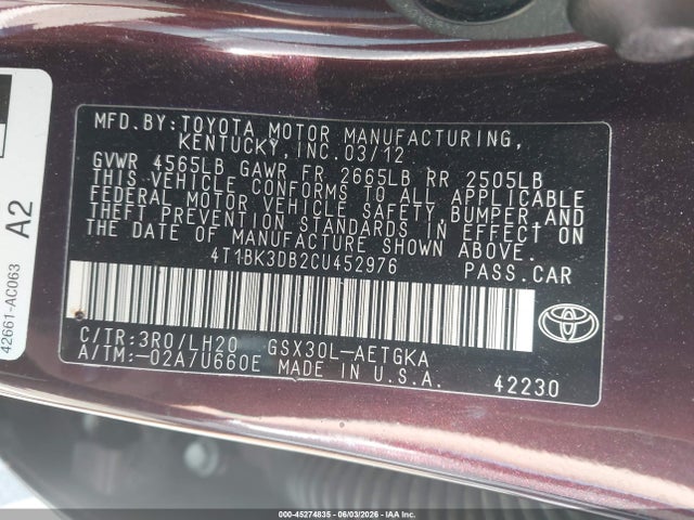 2012 Toyota Avalon მანქანა იყიდება აუქციონზე, vin: 4T1BK3DB2CU452976, აუქციონის ნომერი: 45274835