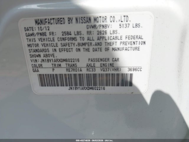 45274839 :رقم المزاد ، JN1BY1ARXDM602216 vin ، 2013 Infiniti M37x مزاد بيع