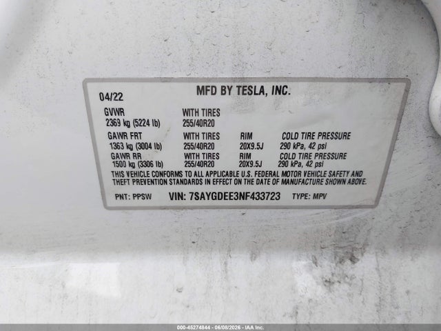 2022 Tesla Model Y Long Range Dual Motor All-wheel Drive მანქანა იყიდება აუქციონზე, vin: 7SAYGDEE3NF433723, აუქციონის ნომერი: 45274844
