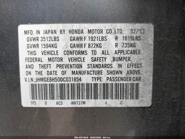 45274849 :رقم المزاد ، JHMGE8H50DC031654 vin ، 2013 Honda Fit Sport مزاد بيع