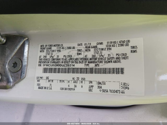45274855 :رقم المزاد ، 1FMCU0G90DUC59314 vin ، 2013 Ford Escape Se مزاد بيع