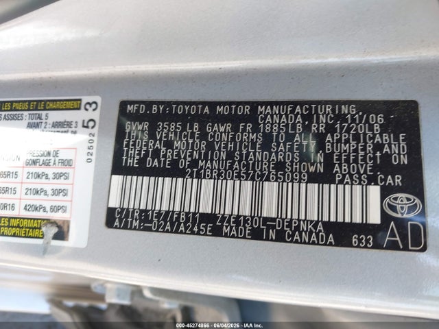 Продажа на аукционе авто 2007 Toyota Corolla Le, vin: 2T1BR30E57C765099, номер лота: 45274866