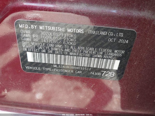 Продаж на аукціоні авто 2024 Mitsubishi Mirage Es/le, vin: ML32AUHJ8RH031511, номер лоту: 45274868