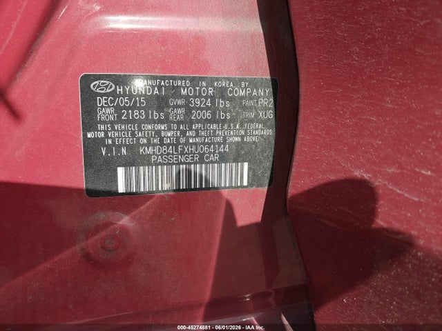 45274881 :رقم المزاد ، KMHD84LFXHU064144 vin ، 2017 Hyundai Elantra Limited مزاد بيع