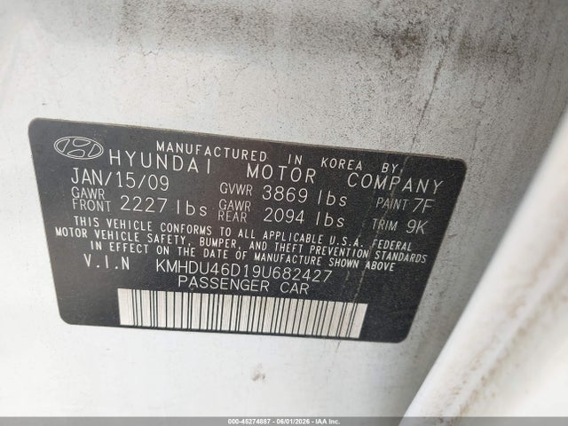 2009 Hyundai Elantra Gls მანქანა იყიდება აუქციონზე, vin: KMHDU46D19U682427, აუქციონის ნომერი: 45274887