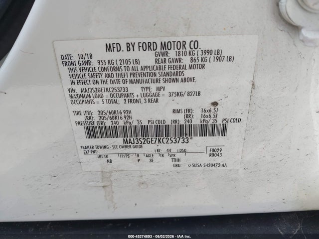 Aukcja sprzedaży 2019 Ford Ecosport Se, vin: MAJ3S2GE7KC253733, numer aukcji: 45274893