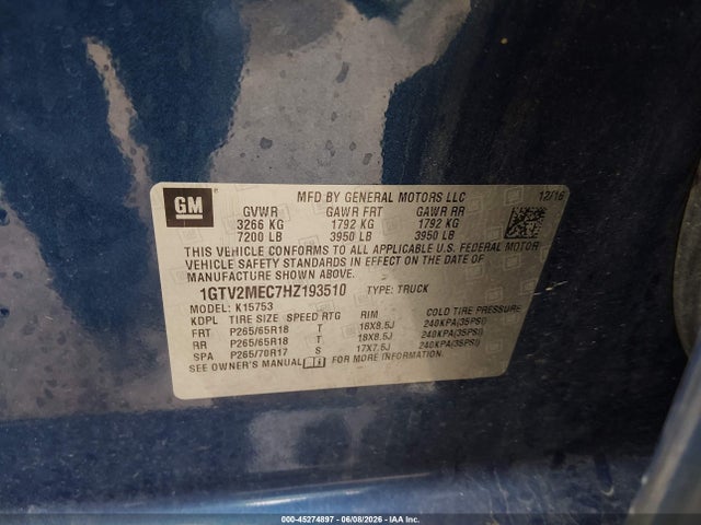 45274897 :رقم المزاد ، 1GTV2MEC7HZ193510 vin ، 2017 Gmc Sierra 1500 Sle مزاد بيع