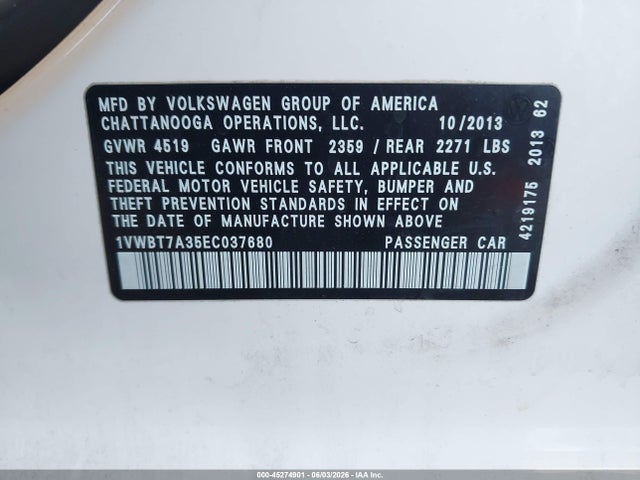 2014 Volkswagen Passat 1.8t Se მანქანა იყიდება აუქციონზე, vin: 1VWBT7A35EC037680, აუქციონის ნომერი: 45274901