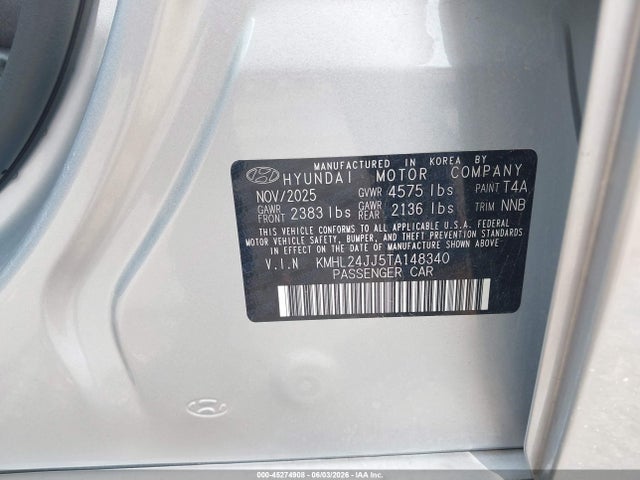 Aukcja sprzedaży 2026 Hyundai Sonata Hybrid Blue, vin: KMHL24JJ5TA148340, numer aukcji: 45274908