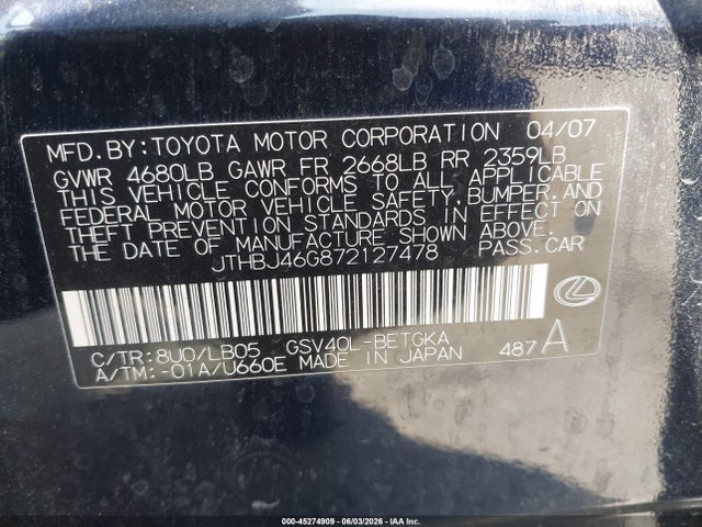 Aukcja sprzedaży 2007 Lexus Es 350, vin: JTHBJ46G872127478, numer aukcji: 45274909