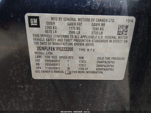 2015 Chevrolet Equinox 1lt მანქანა იყიდება აუქციონზე, vin: 2GNFLFEK1F6222200, აუქციონის ნომერი: 45274910