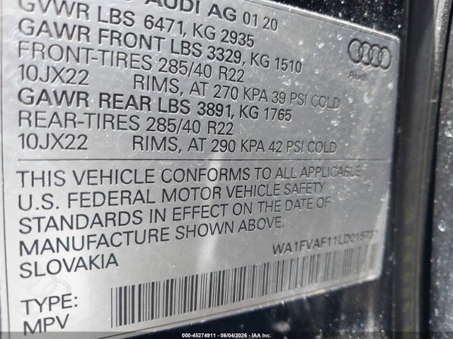Aukcja sprzedaży 2020 Audi Q8 Prestige 55 Tfsi Quattro Tiptronic, vin: WA1FVAF11LD015731, numer aukcji: 45274911