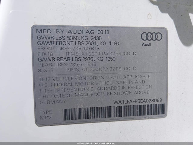 Aukcja sprzedaży 2014 Audi Q5 2.0t Premium, vin: WA1LFAFP5EA028099, numer aukcji: 45274912