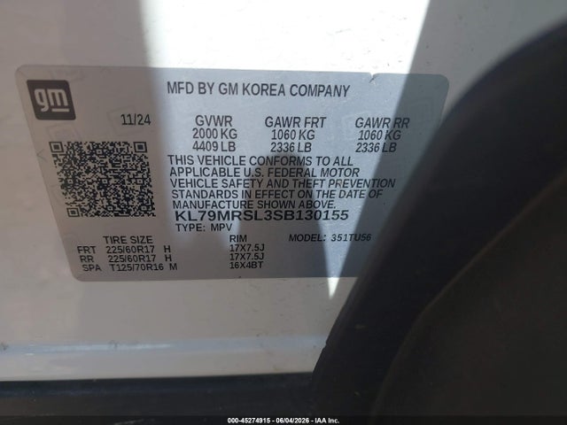 45274915 :رقم المزاد ، KL79MRSL3SB130155 vin ، 2025 Chevrolet Trailblazer Awd Lt مزاد بيع