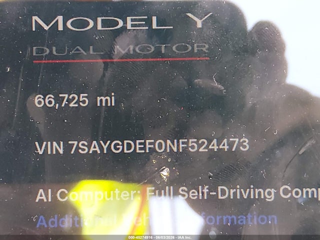 45274916 :رقم المزاد ، 7SAYGDEF0NF524473 vin ، 2022 Tesla Model Y Performance Dual Motor All-wheel Drive مزاد بيع