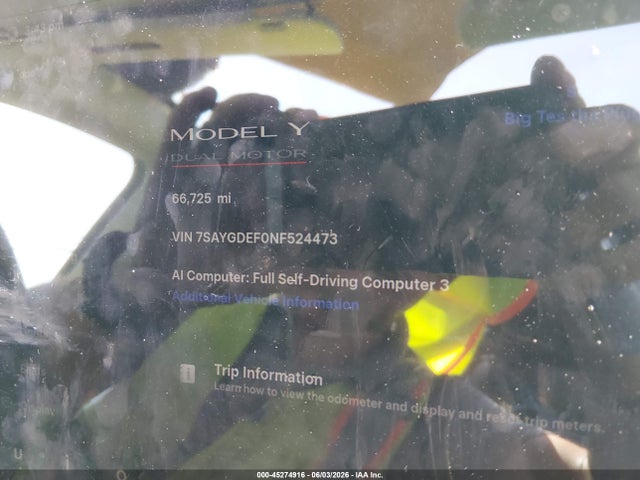 45274916 :رقم المزاد ، 7SAYGDEF0NF524473 vin ، 2022 Tesla Model Y Performance Dual Motor All-wheel Drive مزاد بيع