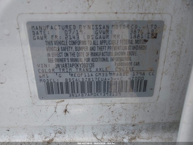 45274918 :رقم المزاد ، 3N1AB7APOKY393139 vin ، 2019 Nissan Sentra Sv مزاد بيع