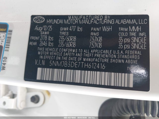 Продажа на аукционе авто 2026 Hyundai Tucson Sel, vin: 5NMJB3DE7TH612416, номер лота: 45274940