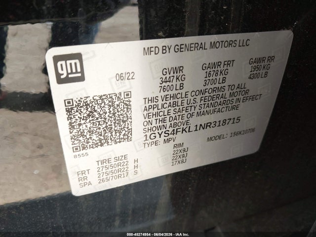1GYS4FKL1NR318715 Cadillac Escalade 4wd Sport