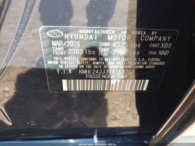 Aukcja sprzedaży 2026 Hyundai Sonata Hybrid Blue, vin: KMHL24JJ3TA163712, numer aukcji: 45274958