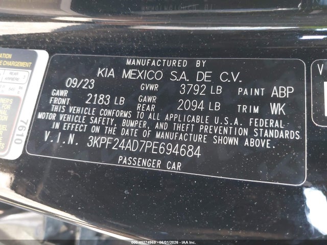 2023 Kia Forte Lxs მანქანა იყიდება აუქციონზე, vin: 3KPF24AD7PE694684, აუქციონის ნომერი: 45274969