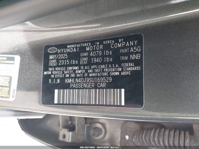 45274980 :رقم المزاد ، KMHLN4DJ9SU169529 vin ، 2025 Hyundai Elantra Hybrid Limited مزاد بيع