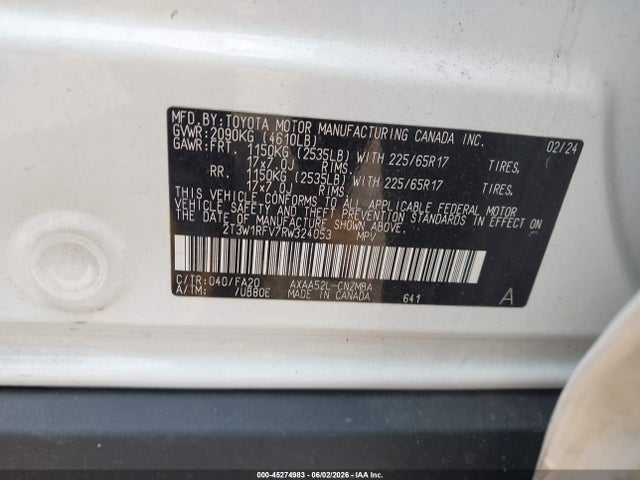 45274983 :رقم المزاد ، 2T3W1RFV7RW324053 vin ، 2024 Toyota Rav4 Xle مزاد بيع